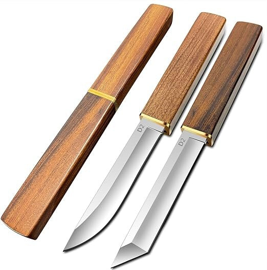 2-piece Japanese knife - D2 steel Tanto knife + Drop Point knife with wooden sheath.