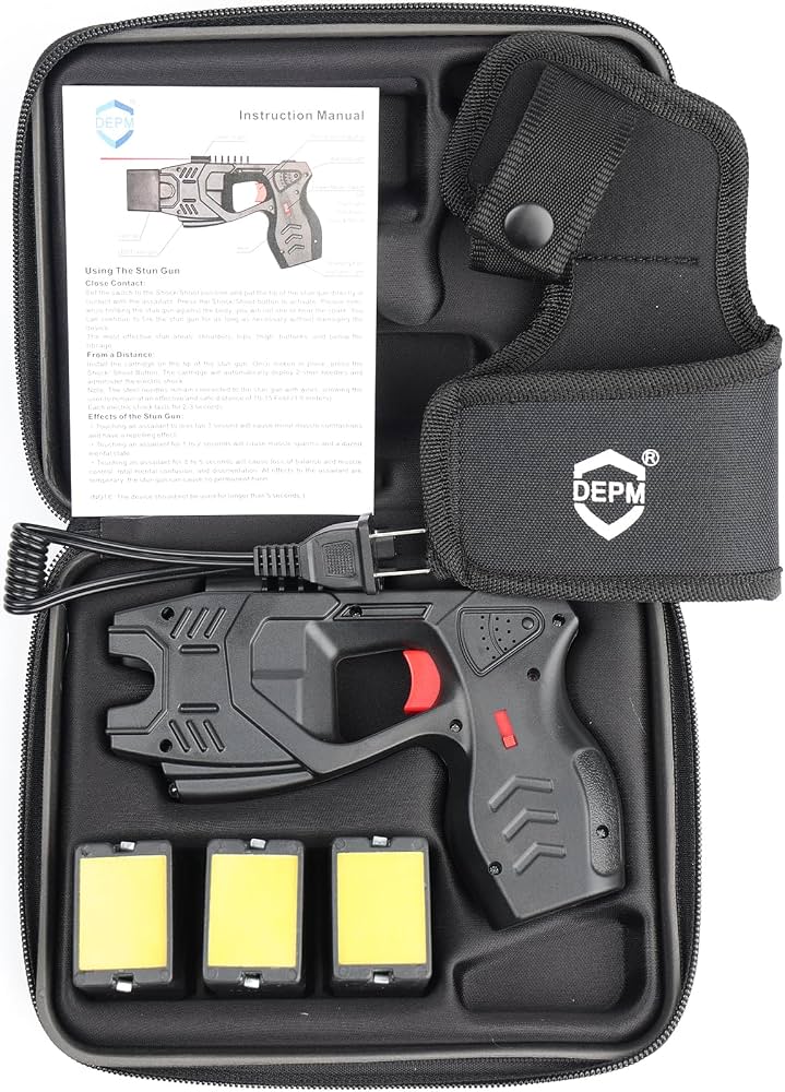 Pistol Taser cu 3 rezerve Lanterna led , alarma si laser – Încărcare USB, toc pentru pistol și toc pentru rezerve