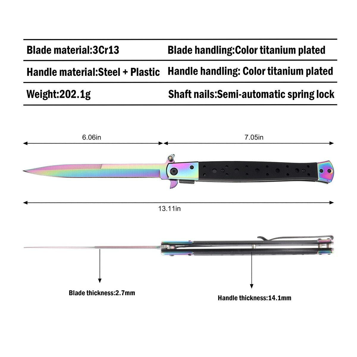 Briceag tip Stileto multi color cu deschidere si inchidere manual 33 cm