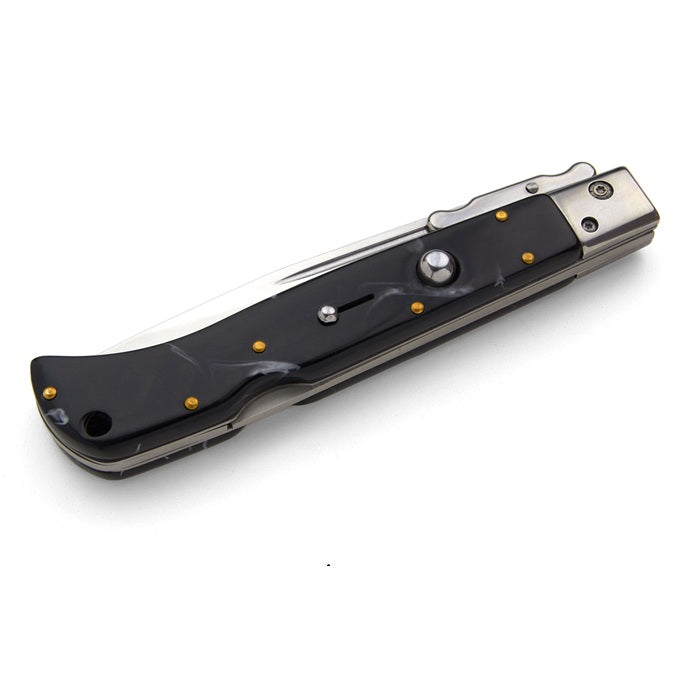 Briceag Stiletto, deschidere pe buton, teacă din piele, 22 cm