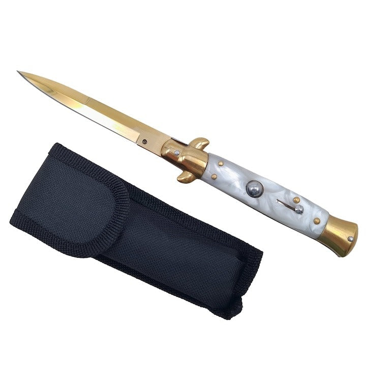 Stileto Tony Montana Alb Perlat, Auriu 23 cm