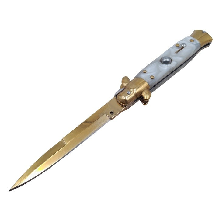 Stileto Tony Montana Alb Perlat, Auriu 23 cm