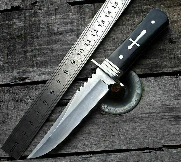 Knife with a classic cross pattern and wood texture handle