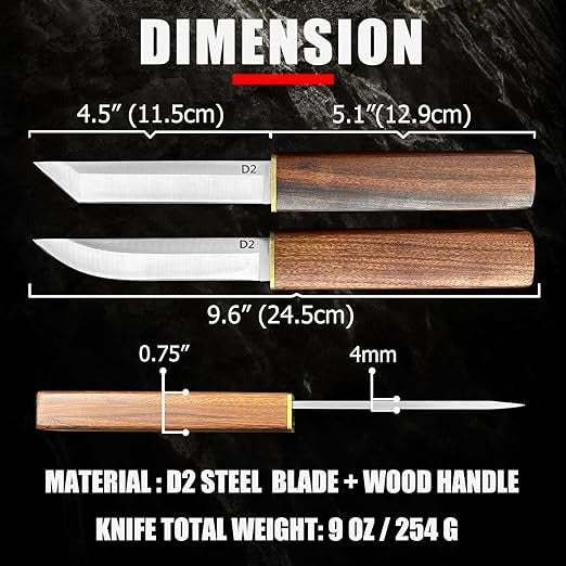 The perfect gift! 2-piece Japanese knife, wooden handle - D2 steel Tanto knife + Drop Point knife with wooden sheath.