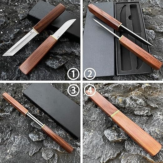 The perfect gift! 2-piece Japanese knife, wooden handle - D2 steel Tanto knife + Drop Point knife with wooden sheath.