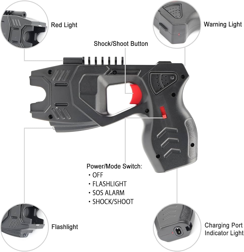 Pistol Taser cu 3 rezerve Lanterna led , alarma si laser  – Încărcare USB, toc pentru pistol și toc pentru rezerve