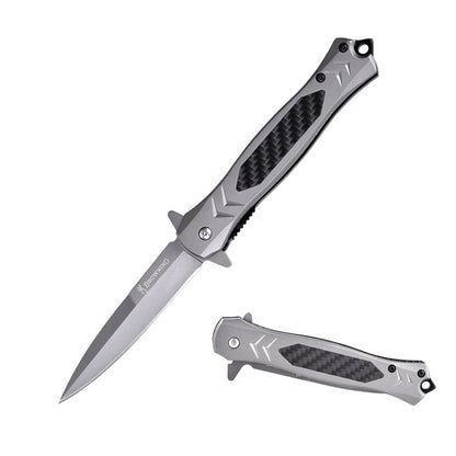 Briceag de buzunar tip Stileto Lamă 9,5 cm, Oțel Inoxidabil, Clip de Curea, Spărgător de Geamuri, 21 cm deschis