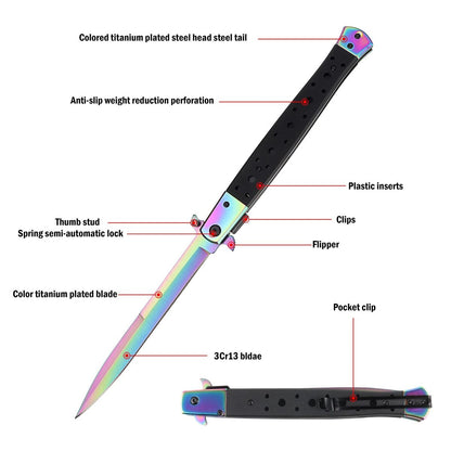 Briceag tip Stileto multi color cu deschidere si inchidere manual 33 cm