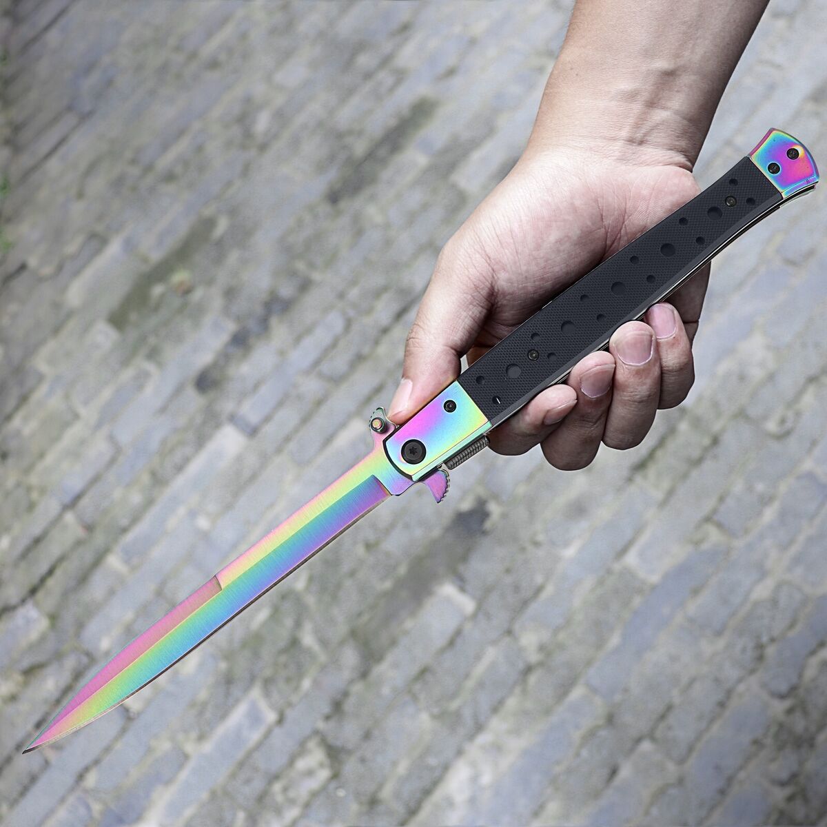 Briceag tip Stileto multi color cu deschidere si inchidere manual 33 cm