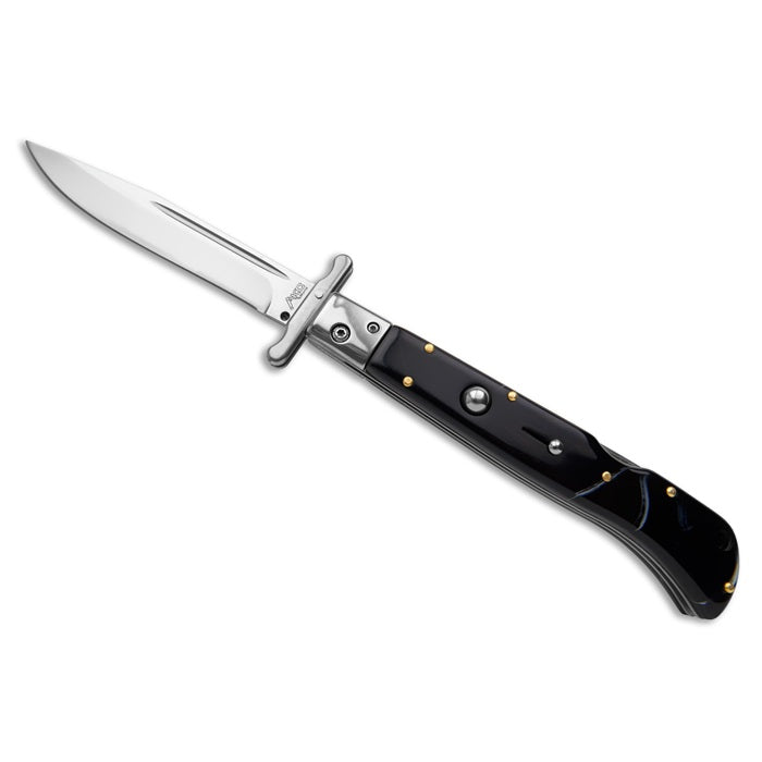 Briceag Stiletto,  deschidere pe buton, teacă din piele, 22 cm