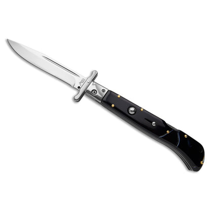 Briceag Stiletto,  deschidere pe buton, teacă din piele, 22 cm
