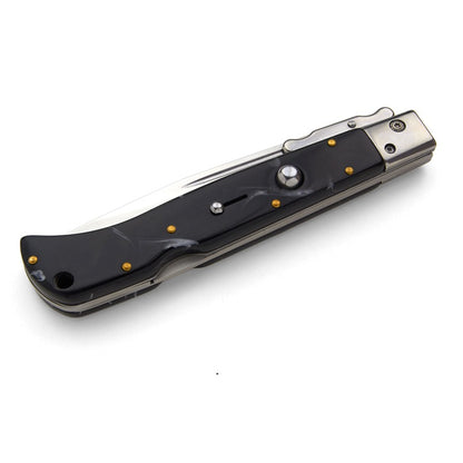 Briceag Stiletto,  deschidere pe buton, teacă din piele, 22 cm