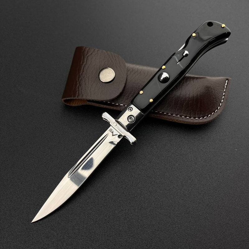 Briceag Stiletto,  deschidere pe buton, teacă din piele, 22 cm