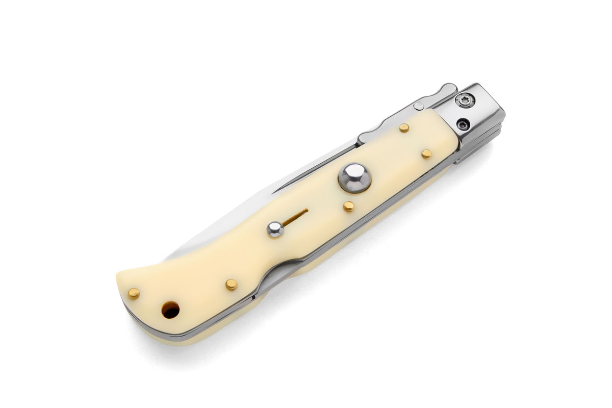 Briceag de colectie tip Stiletto, deschidere pe buton, teaca din piele, 22 cm