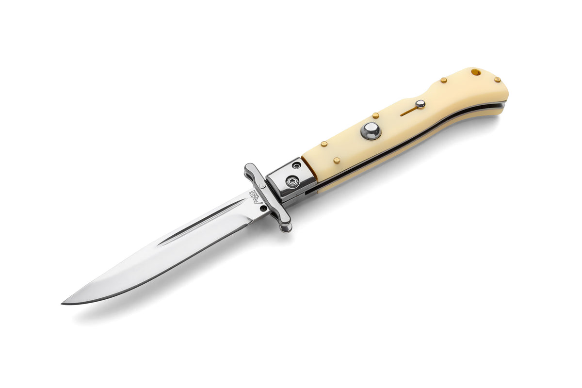 Briceag de colectie tip Stiletto, deschidere pe buton, teaca din piele, 22 cm
