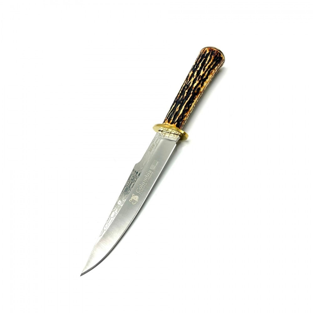 Колекционен нож, дръжка имитация на еленов рог, 31 см (черна кания с включена щипка за колан)