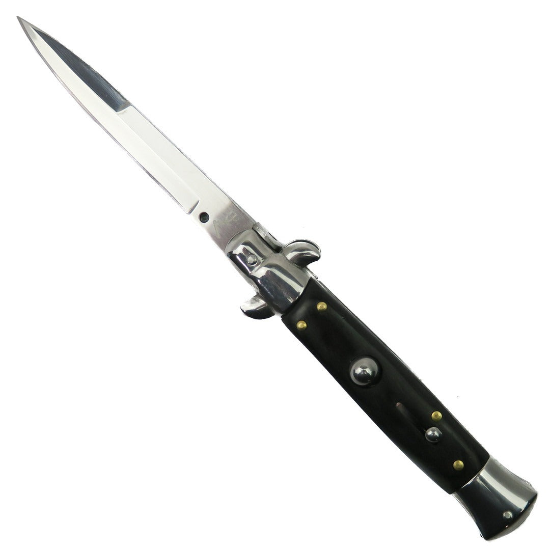 Briceag Stiletto Automat, cu Buton, 21 cm, Negru si Maro