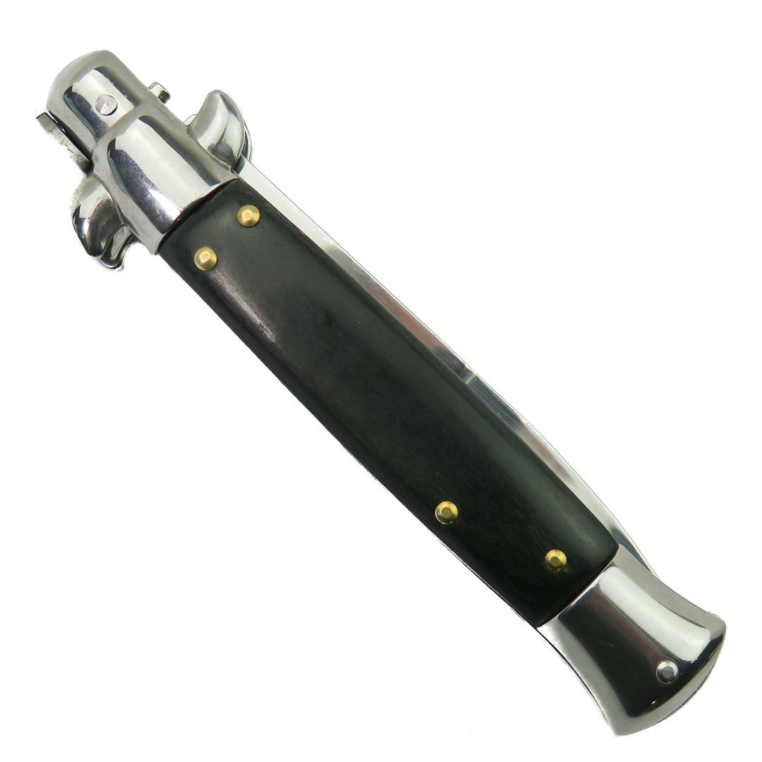 Briceag Stiletto Automat, cu Buton, 21 cm, Negru si Maro
