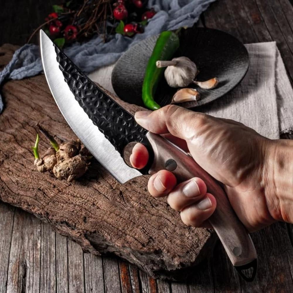 Японски нож, ръчно кован, неръждаема стомана, цял ръб 27,5 см, дръжка от кафяво дърво