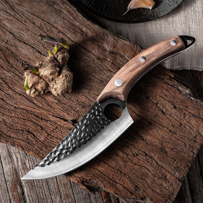 Японски нож, ръчно кован, неръждаема стомана, цял ръб 27,5 см, дръжка от кафяво дърво