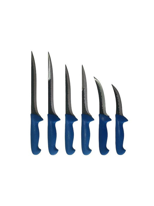 Комплект от 6 професионални касапски ножа, 2 прободни ножа 25 см, 2 прободни ножа 20 см, 2 ножа за обезкостяване с резба, ковано извито острие