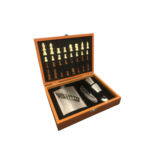 Комплект кутии за игра на шах, тирбушон, стъкло и очила